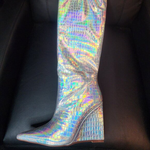 Iridescent Silver Knee High Textured High Heel Boots - Picture 1 of 8